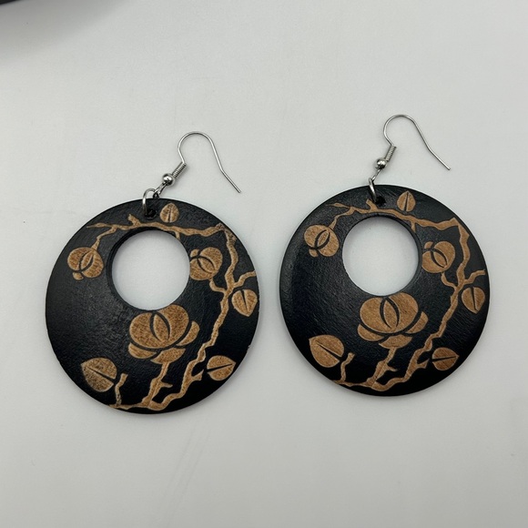 Hand Crafted - Wooden Black and Brown Cherry Blossom Earrings - Picture 1 of 11